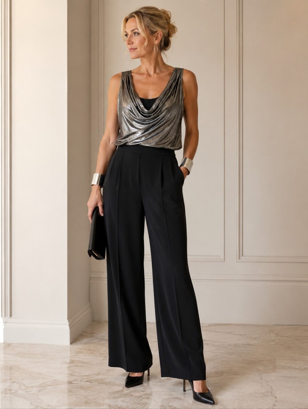 Shimmering Silver Drape Tank Top Cowl Neck Size M Or L